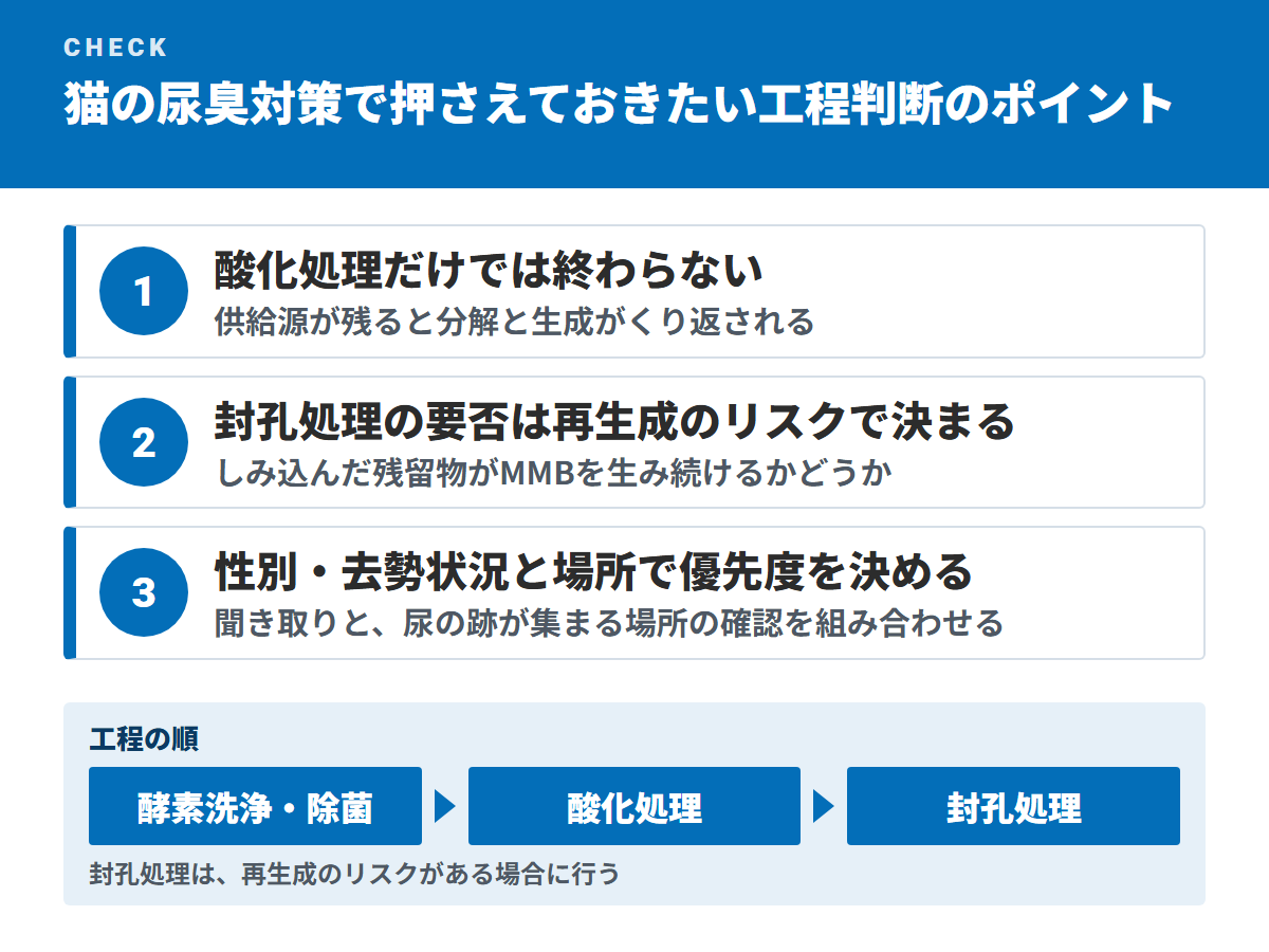 猫の尿臭対策で押さえておきたい工程判断のポイント(酸化処理だけでは終わらない・封孔処理の要否は再生成のリスクで決まる・性別・去勢状況と場所で優先度を決める)