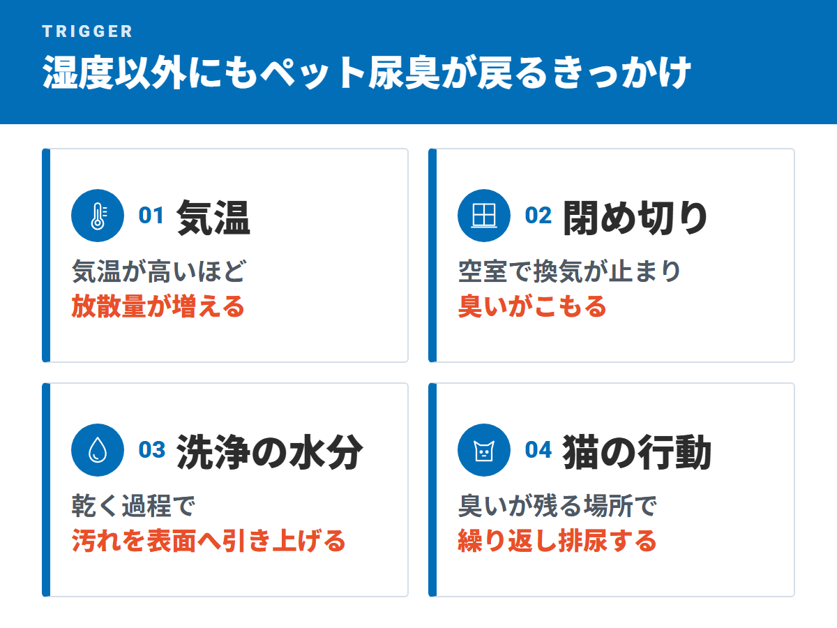 湿度以外にもペット尿臭が戻るきっかけ(気温・閉め切り・洗浄の水分・猫の行動)